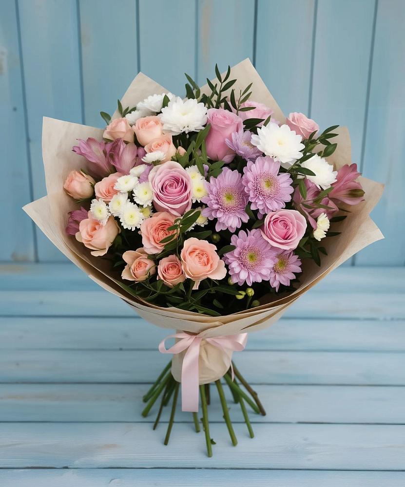 Букет цветов из: Хризантемы, Розы и Альстромерии в Большой Мурте