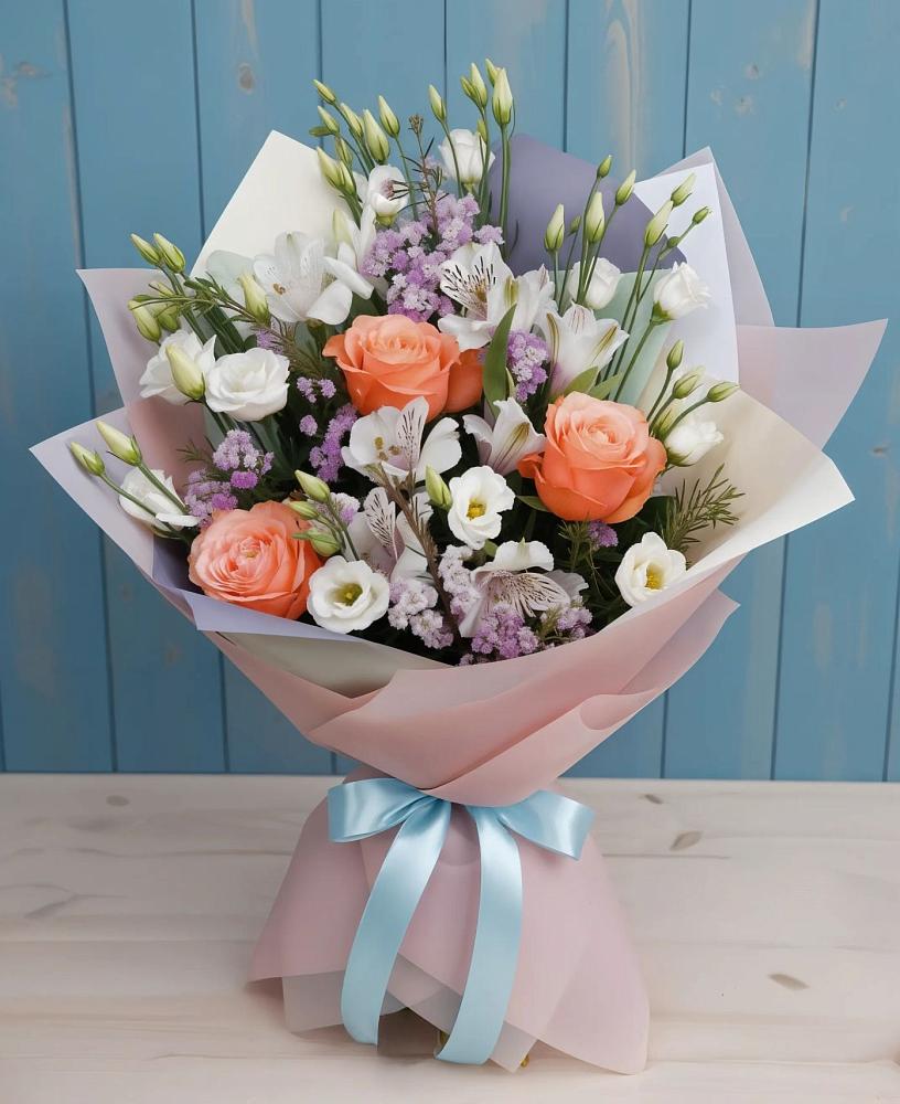 Букет цветов из: Лизиантусы, Розы, Альстромерии и Гипсофила в Большой Мурте